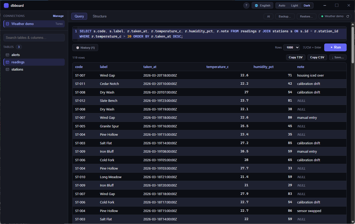 The same query and result grid in dark theme, with the interface language set to English.