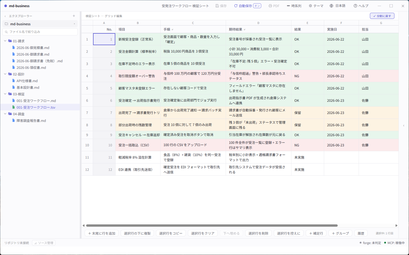 検証シートのグリッド。結果列が OK / NG / 保留 で色分けされている